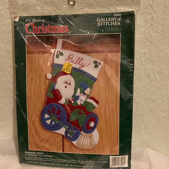 1990 Bucilla Train Engineer Santa Felt / Jeweled Christmas Stocking Kit 15" - Picture 2 of 6